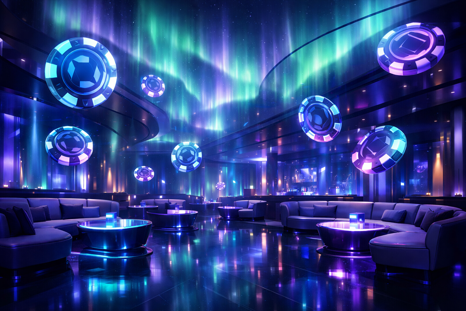 Neon lounge with aurora-inspired glow and virtual chips